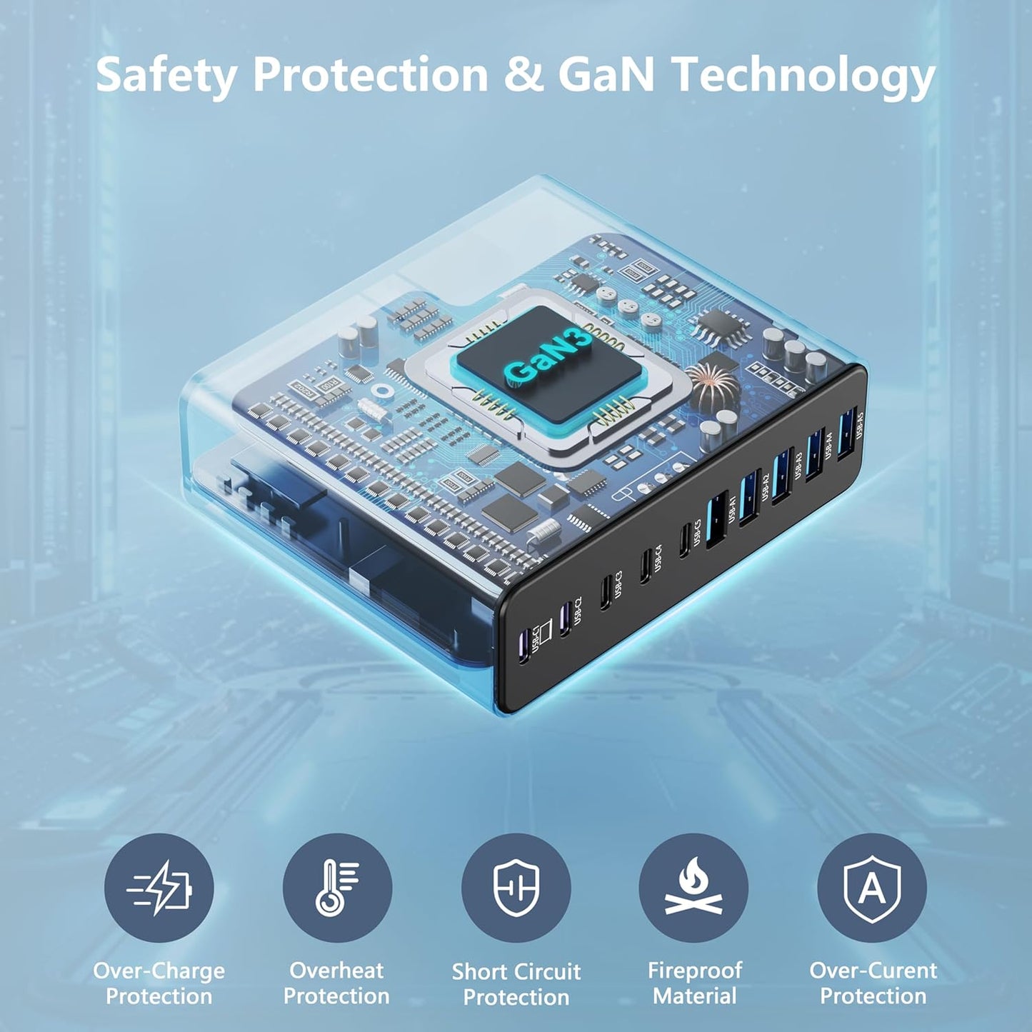 320W USB C Charger Block, 10-Port USB C Charging Station GaN III PD 65W PC Laptop Fast Charger Adapter for MacBook Pro/Air, DELL, iPad, iPhone, Samsung Galaxy Black