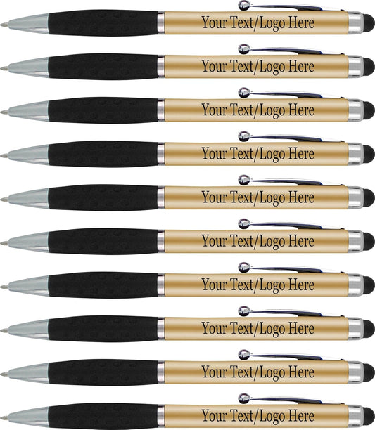 Personalized Pens With your Custom Logo or Text-600 Pack Bulk-for Businesses, Parties, and Events, 2 in 1 Ballpoint Pen & Stylus Compatible with Touchscreen Devices, Gold Barrel, Black Ink