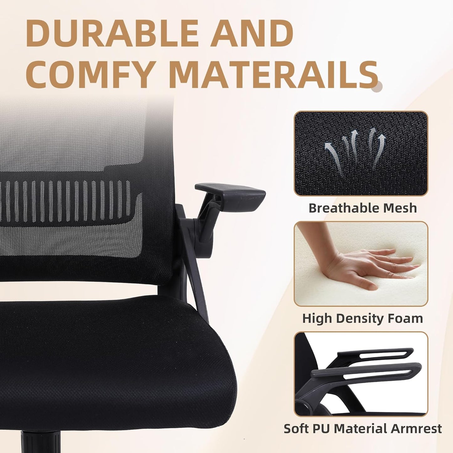 Office Chair, Ergonomic Desk Chair with Lumbar Support, Breathable Mesh Chair with Flip-up Armrests and Mid Back, Comfy Task Computer Height Adjustable Swivel Chair (2, Black)