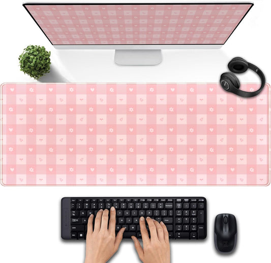 Pink Minimalist Gingham Floral Desk Mat Gaming Mouse Pad Large Cute Pastel Desk Pad Deskmat Kawaii, Women Office Desk Cover Mat, Laptop Computer Keyboard Mat Mousepad Desk Accessories 31.5"x11.8"