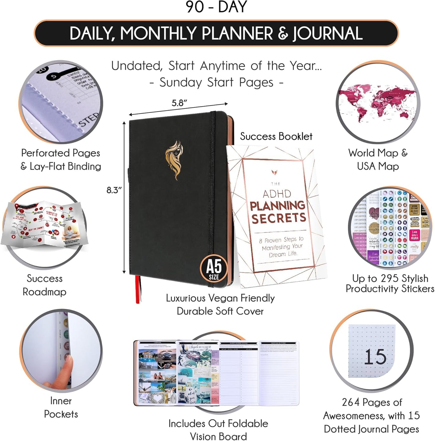 ADHD Planner for Adults - 5 Minute Gratitude & Manifestation Journal | 90-Day Undated Daily Planner for Positivity, Affirmations & Self Care | Guided Mindfulness, Reflection | Vision Board + Stickers