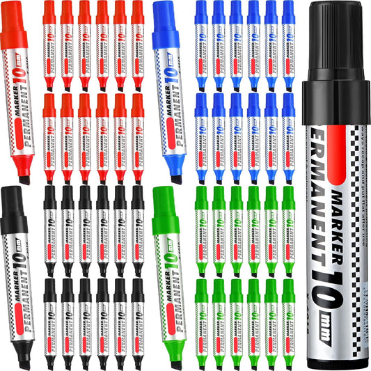 Thenshop 48 Pcs Jumbo Size Permanent Markers Bulk Waterproof Chisel Tip Marker Pens for Industrial Use Work on Wood Metal Plastic Stone Glass(Black, Blue, Green, Red)