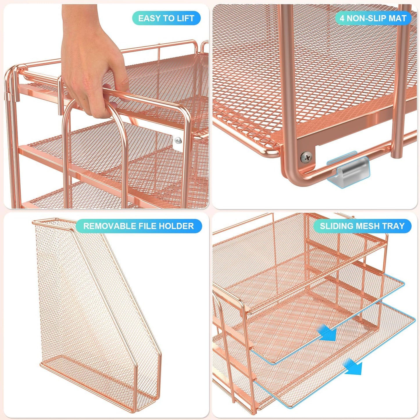gianotter 4-Tier Paper Organizer With Magazine Holder, Desk Organizers and Accessories, Cute Desk Accessories for Women, File Organizer for Office Supplies Storag(Rose Gold)