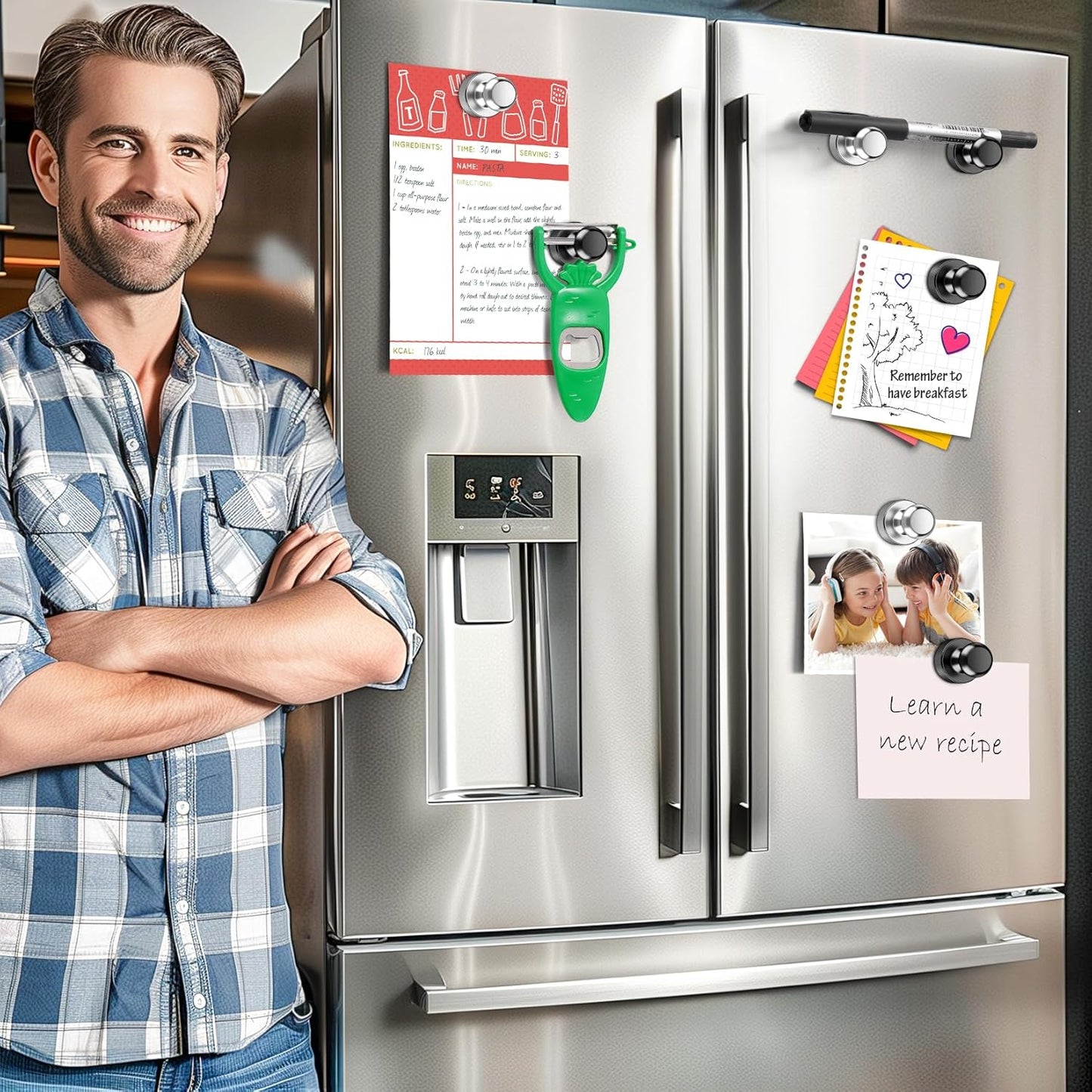 VNDUEEY 12 Pcs Fridge Magnets Refrigerator Magnets, Black-Silver Whiteboard Magnets, Magnetic Push Pins, Strong Metal Magnets for Locker, Office, School, Home