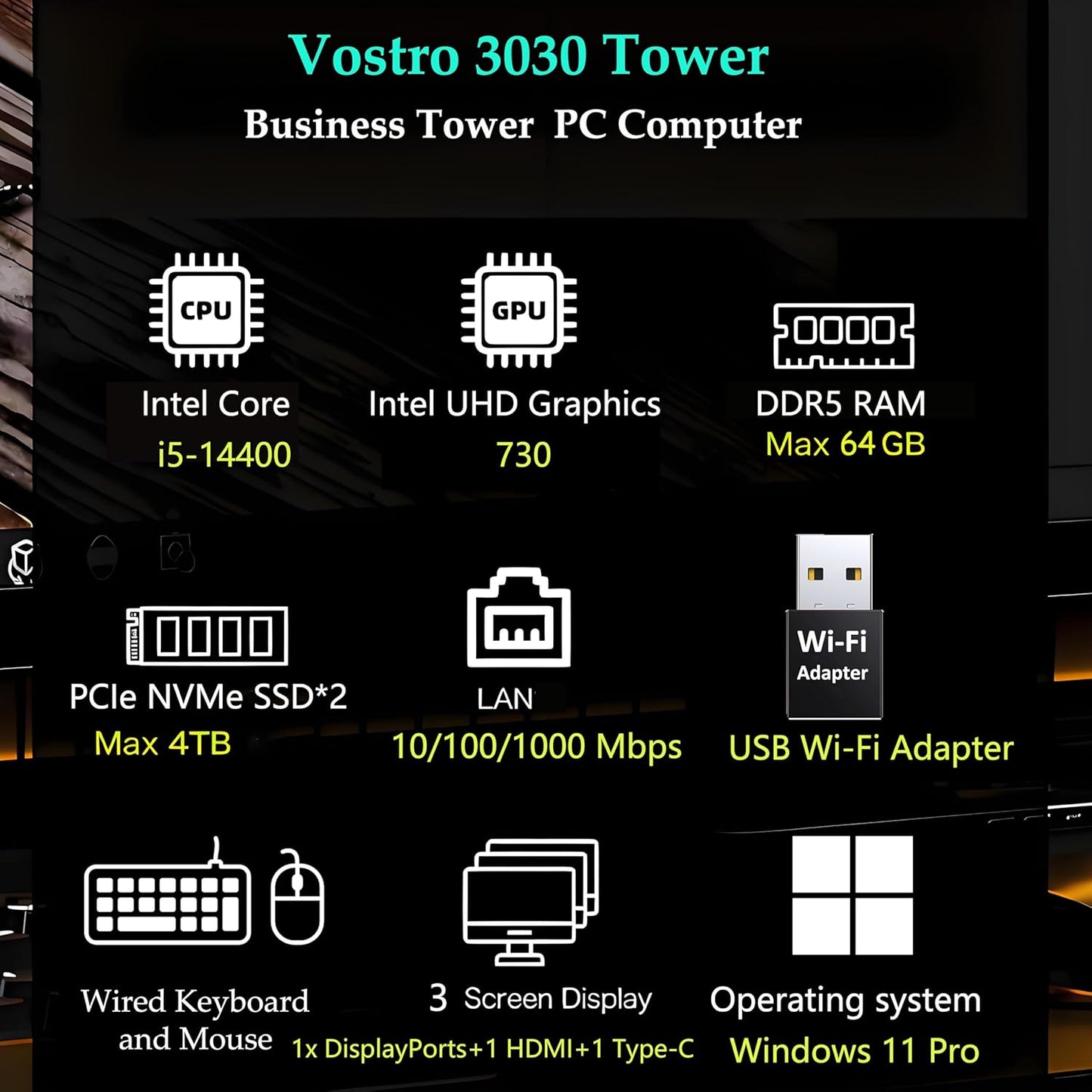 Dell Desktop Computers, 3030 Tower Desktop PC, 14th Gen Intel Core i5-14400 (Beat i7-13620H), 32GB DDR5 RAM, 1TB PCIe SSD, WiFi Adapter, DisplayPort, HDMI, Type-C, Keyboard and Mouse, Windows 11 Pro