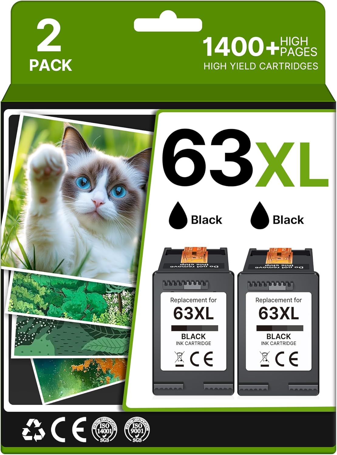 63XL Black Ink Cartridge High-Yield for HP Ink 63 Replacement for HP 63 Black Ink Cartridge Works for HP OfficeJet 3830 4650 5255 5258 5200 Envy 4520 4512 4510 DeskJet 1112 2130 3630 F6U64AN (2 Pack)