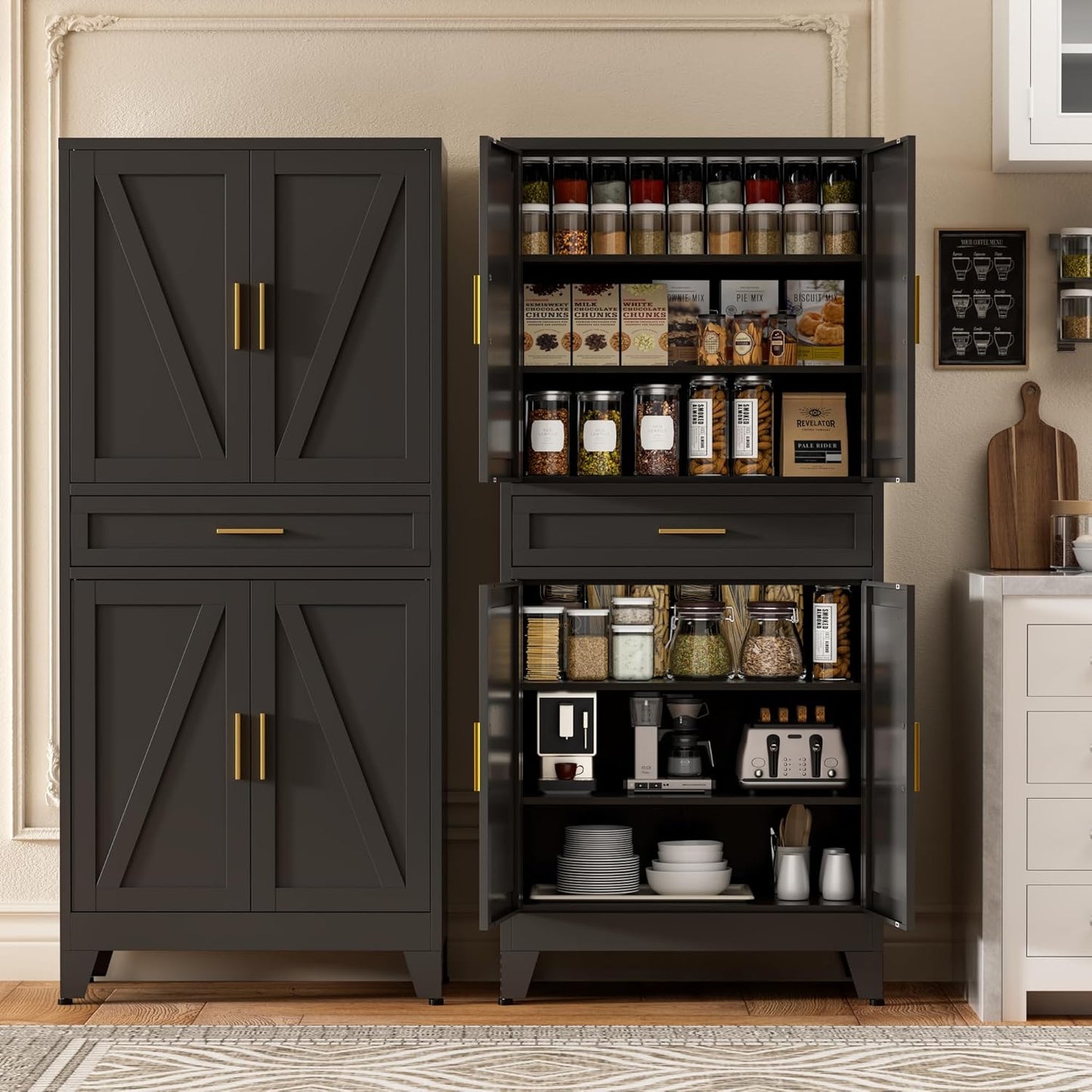 71" Tall Metal Storage Cabinet with Drawer and Adjustable Shelves,Farmhouse Kitchen Pantry Storage Cabinet with Doors,Large Wide Cabinets for Craft Room,Office,Dining Room,Bathroom(Black)