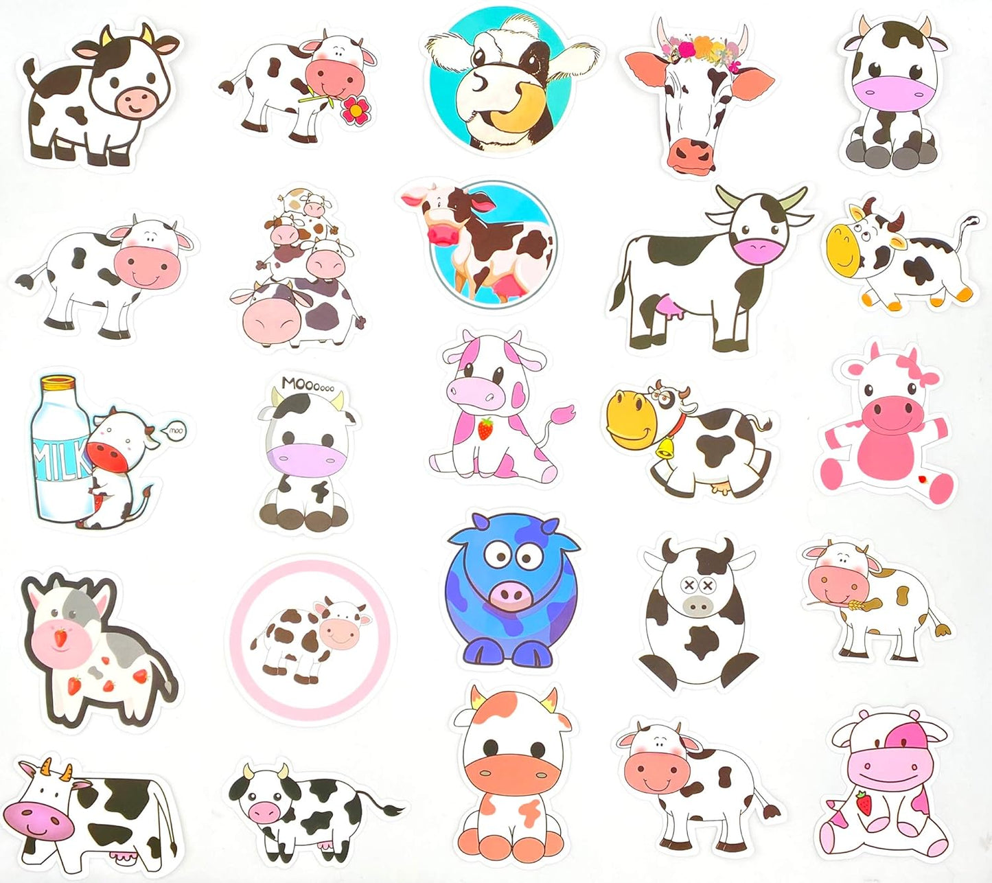 Aowplc 50 Pcs Cow Stickers Pack, Vinyl Waterproof Cute Cartoon Animal Sticker for Kids