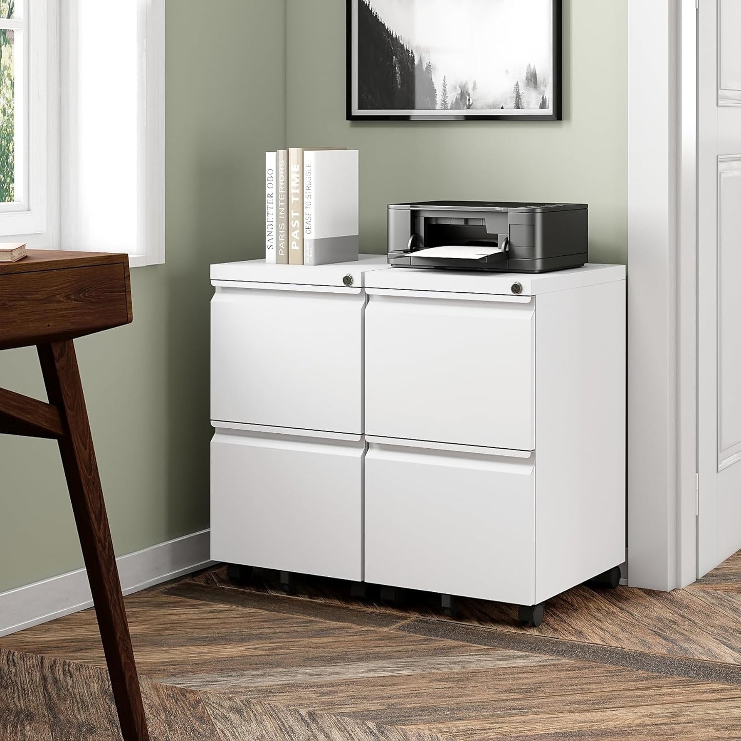 2 Drawers File Cabinet with Lock Metal Vertical File Cabient with Wheels Mobile File Cabinet for Office Home Legal/Letter/a4 Size Require Assembly (White, 2 Drawers)