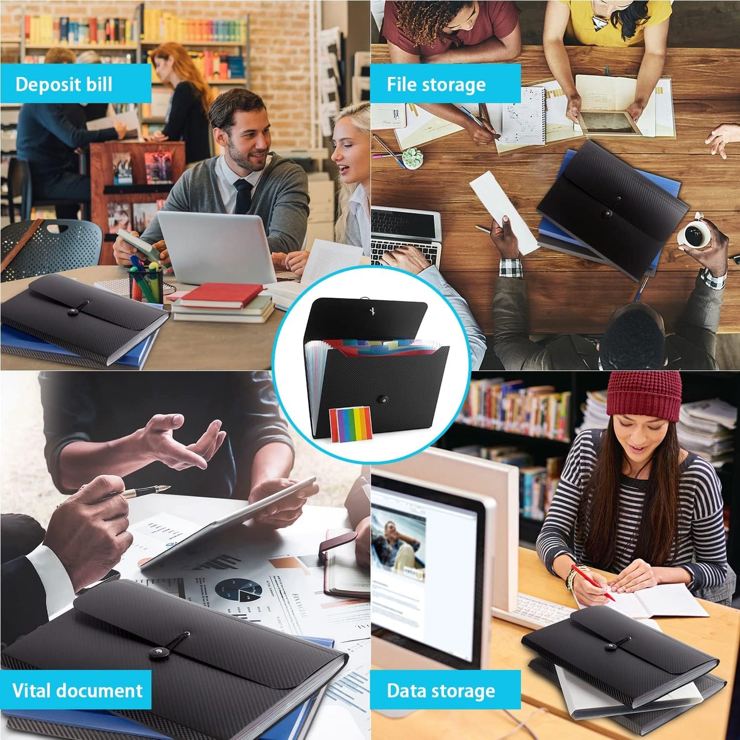 Expanding File Folder File Organizer 13 Pockets Accordion Filing Folder Expandable File Folder for Documents Aesthetic Paper Organizer Folder for Work, School, Home, Office, Black Transparent