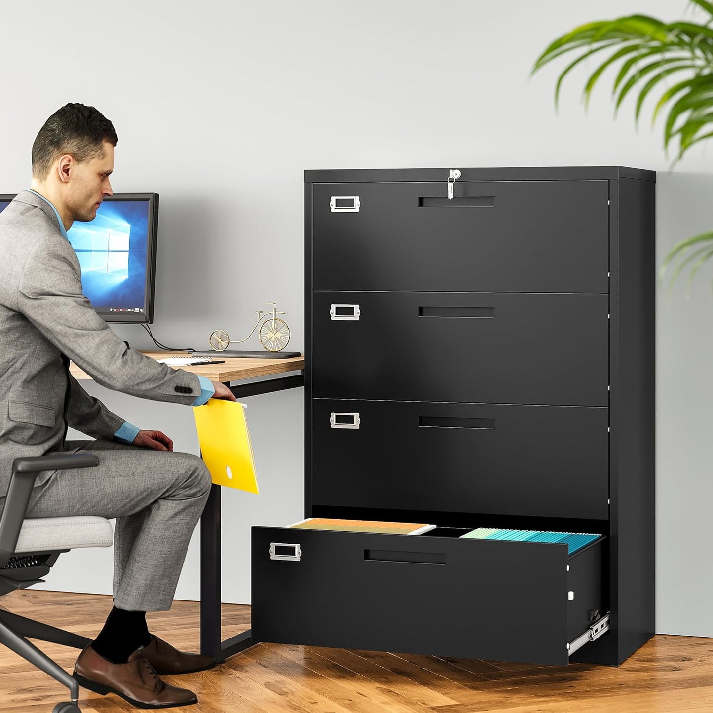 SISESOL 4 Drawer Lateral File Cabinet with Lock,Black Lateral Filing Cabinet,Horizontal Metal Filing Cabinet,Locked Wide Four Drawer File Cabinet for Office Home,Fit A4/F4/Letter/Legal File