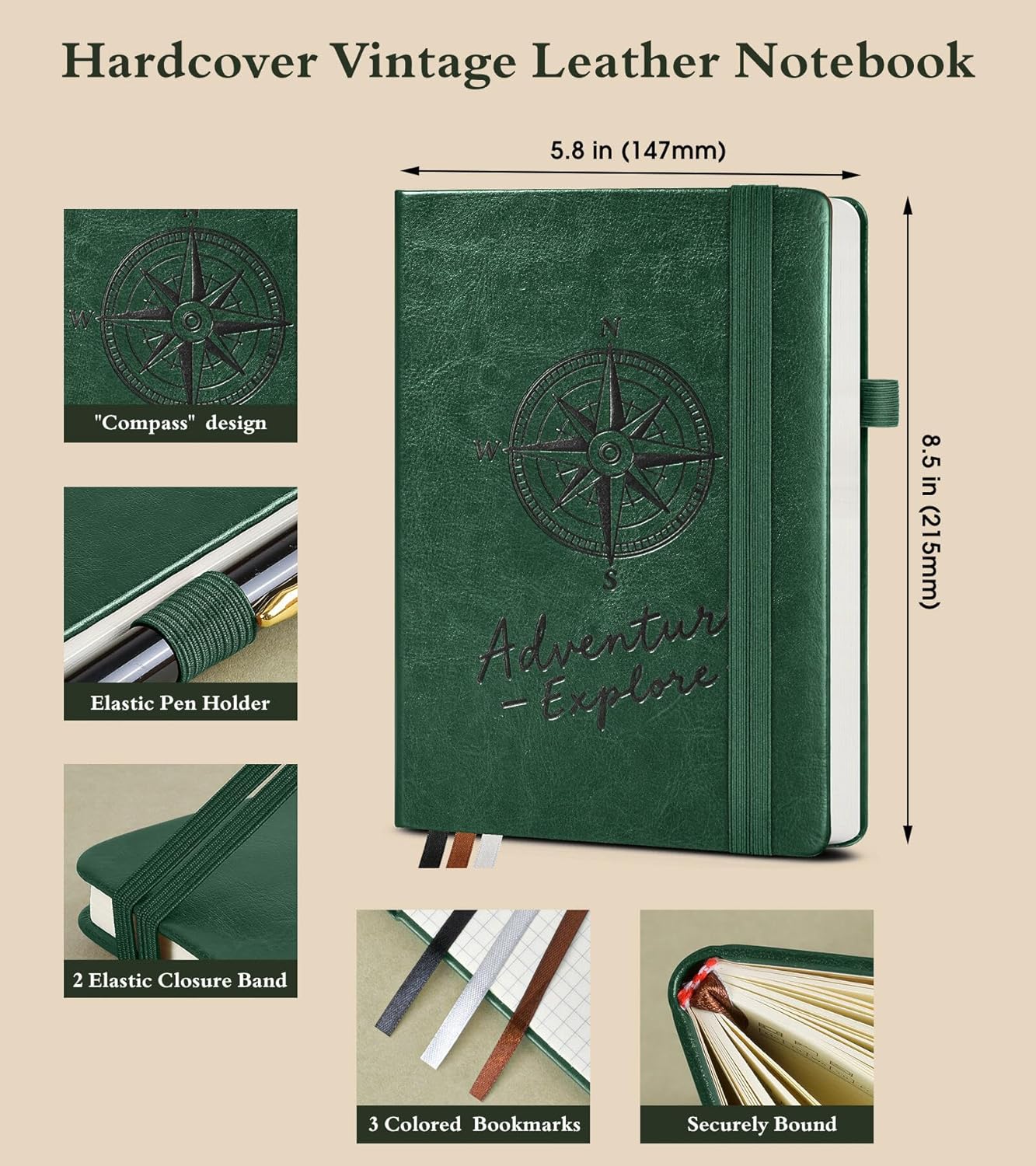 Graph Notebook for Women Men, 160 Pages Grid Paper Journal, A5 Hardcover Vintage Leather Graphing Notebooks for School, Work, College Ruled, Inner Pocket, 5.8"x8.5" (Green)