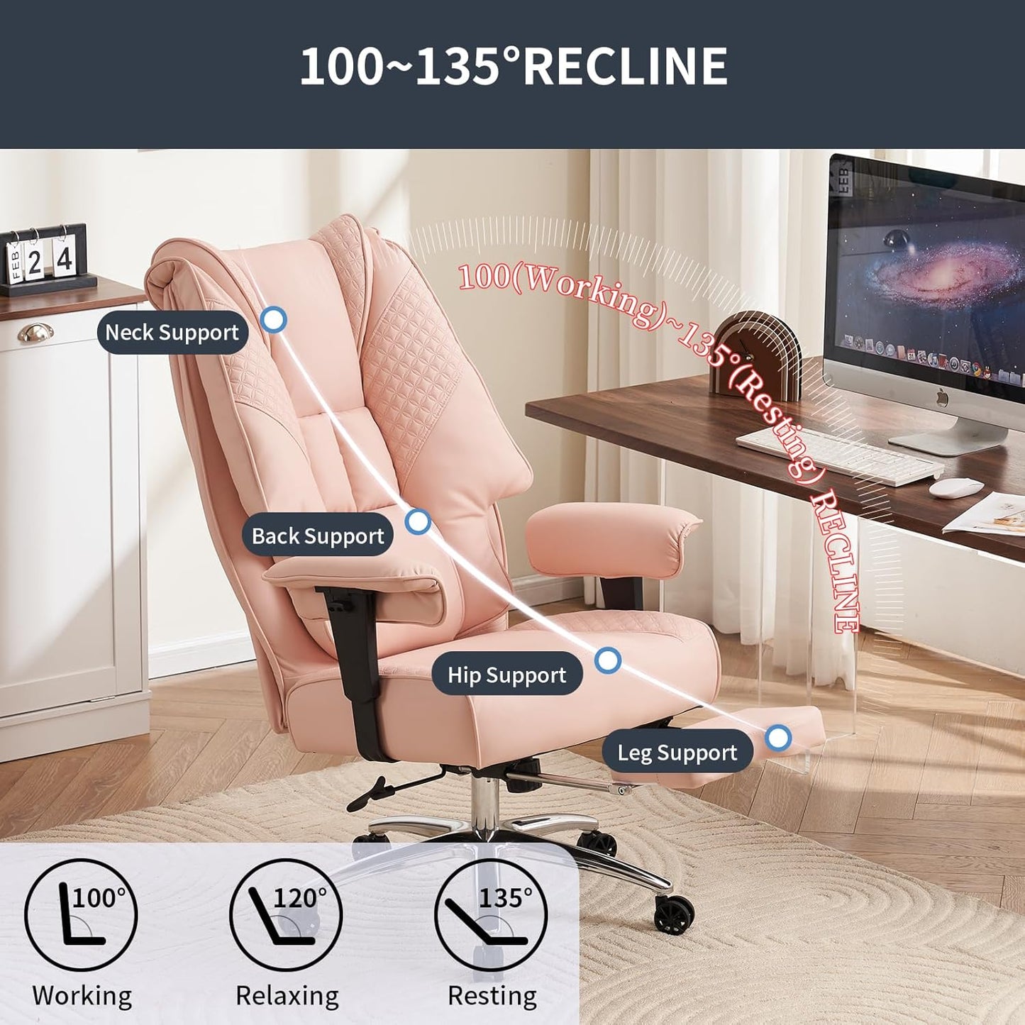 Big and Tall Office Chair 400lbs Wide Seat, Leather High Back Executive Office Chair with Foot Rest, Ergonomic Chairs Lumbar Support for Lower Back Pain Relief (Light Pink)