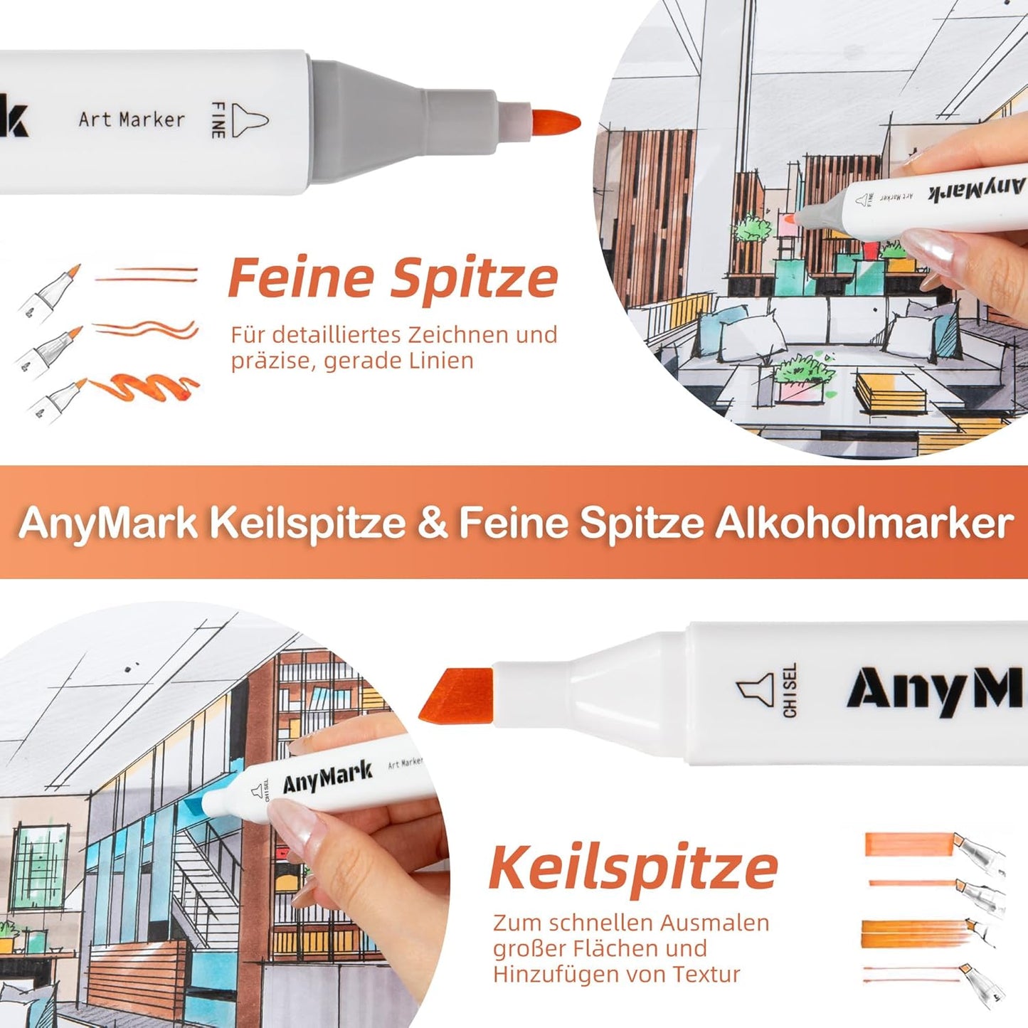 AnyMark Alcohol Markers, 100 Colors Dual Tip Art Coloring Markers Set for Kids Adult Book Drawing Sketching Painting, Chisel & Fine, White Penholder