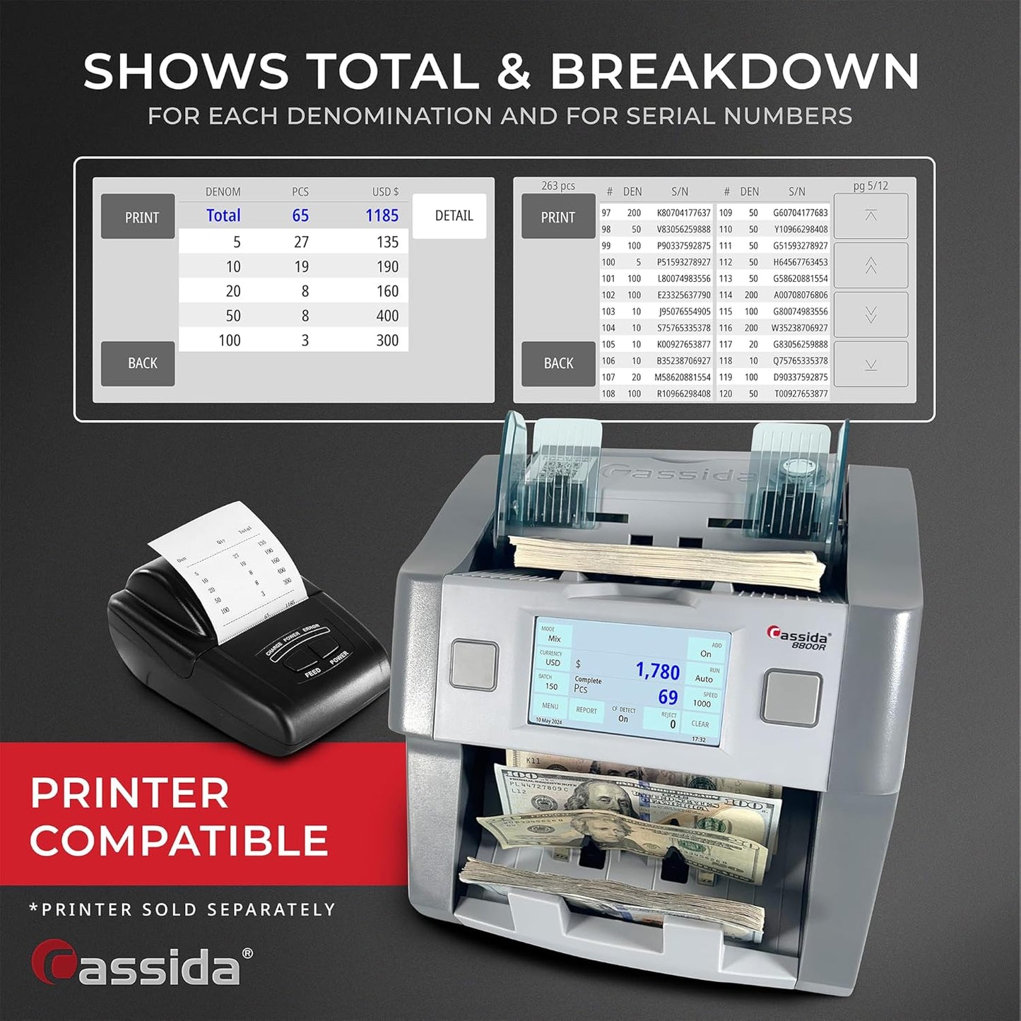Cassida 8800R V2 USA Premium Bank-Grade Mixed Denomination Money Counter Machine, Advanced Counterfeit Detection, Multi-Currency, 3-Year Warranty, Includes External Display, Printing Enabled