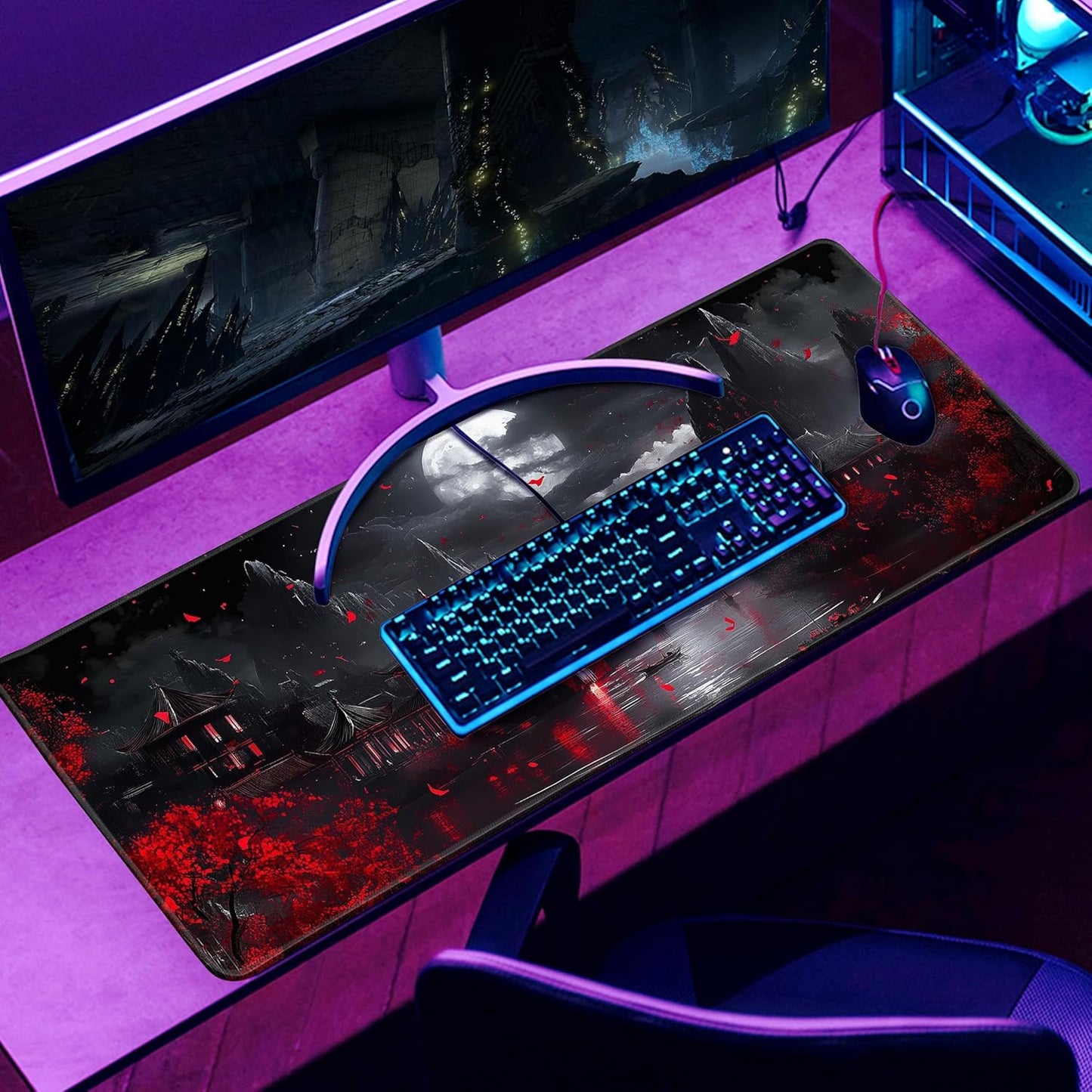 Japanese Riverside Full Moon Desk Mat Large Mouse Pad Gaming Mousepad Extended XL Keyboard Mat Computer Laptop Mouse Desktop Mat 31.5 X 11.8 Desk Decor