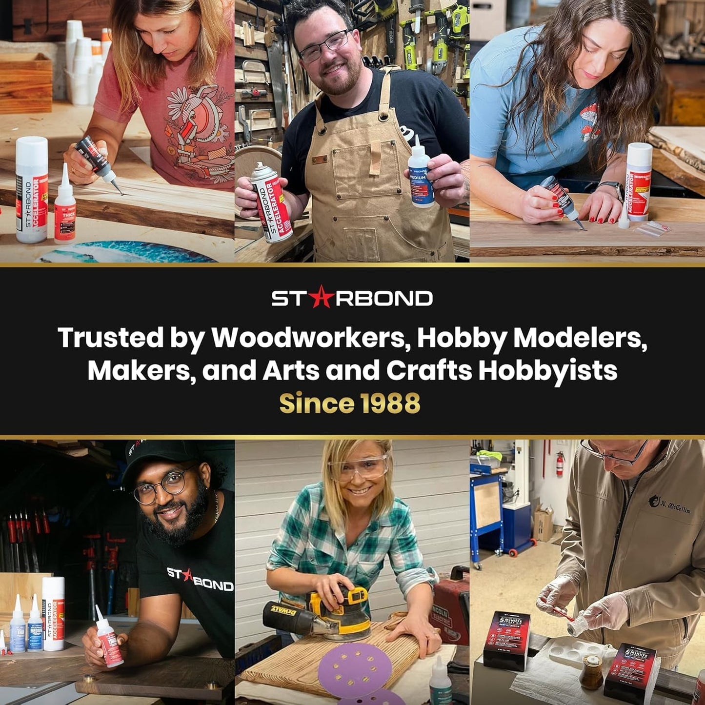 STARBOND Premium Grade Cyanoacrylate (CA) Super Glue, Black (2 oz) and Brown (2 oz) Medium-Thick Viscosity Knot Filler and Aerosol Accelerator (6 oz) Bundle for Woodworking, Woodturning, Carpentry