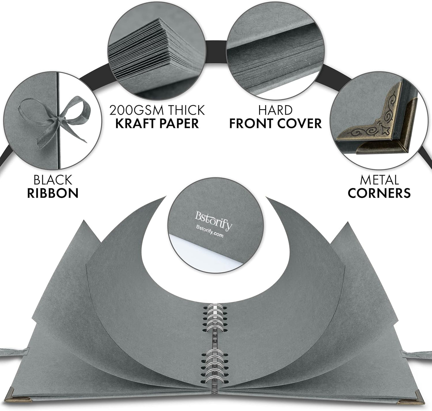 Bstorify Square Scrapbook Photo Albums 7 x 7 Inch Grey Hardcover with Ribbon Closure - Ideal for Scrapbooking, Art & Craft Projects