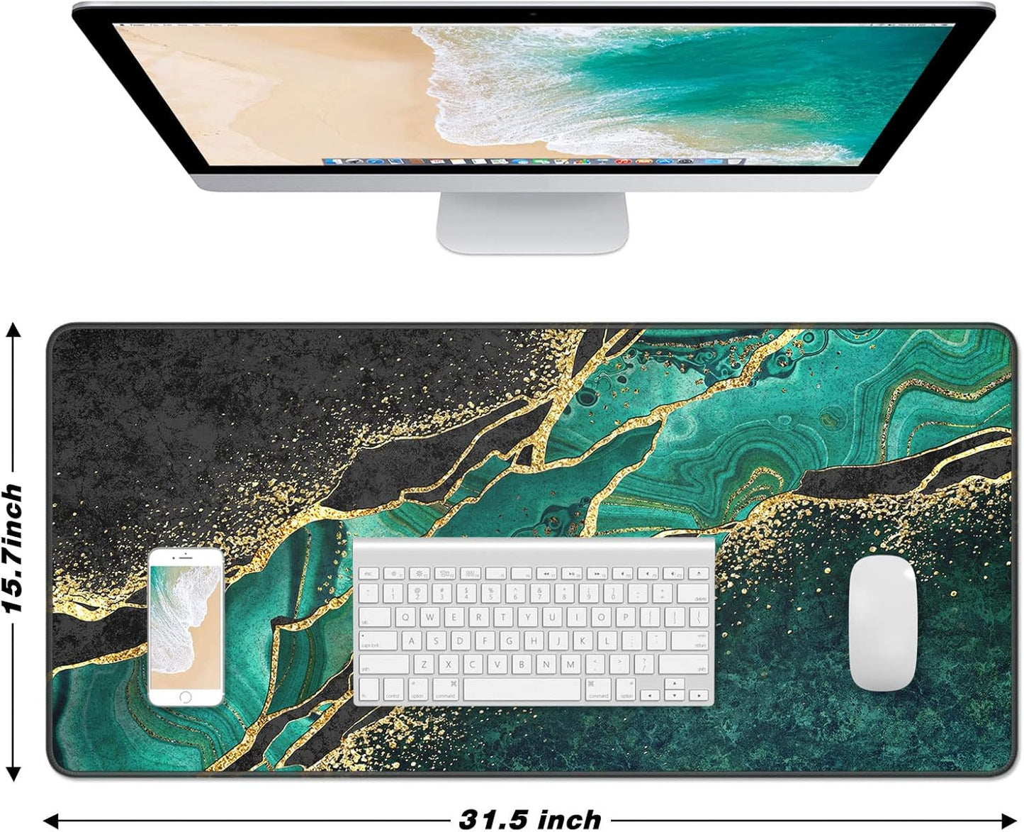 Extended Large Mouse Pad, XXL Gaming Mousepad 31.5 x 15.7 Inch, Big Computer Keyboard Desk Pad, Waterproof Mouse Mat with Stitched Edges and Non-Slip Base for Office Gaming, Green Marble
