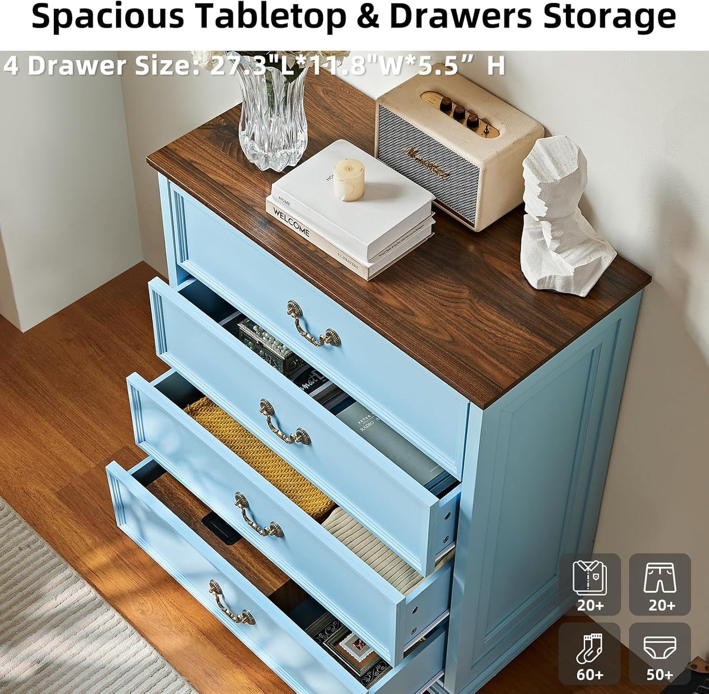 Farmhouse 4 Drawer Dresser Set of 2 for Bedroom, 37" Tall Rustic Chests of Drawers w/ 4 Solid Wood Feet, Mid Century Vintage Wooden Closet Storage Dressers Organizer for Living Room,Light Blue