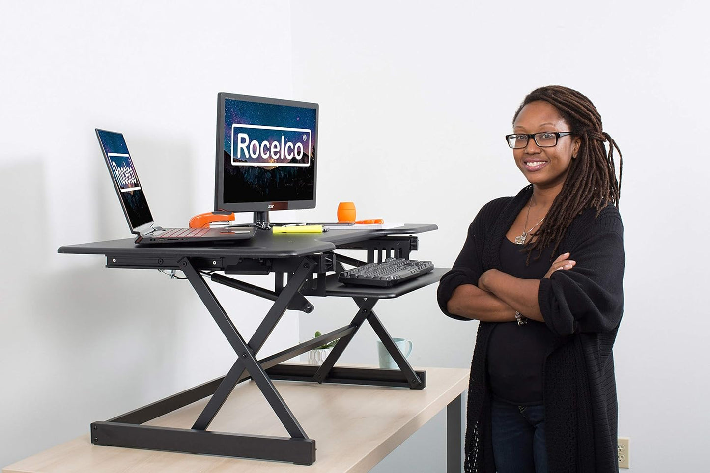 Rocelco 46" Large Height Adjustable Standing Desk Converter with Anti Fatigue Mat BUNDLE - Quick Sit Stand Up Triple Monitor Riser - Retractable Keyboard Tray - Black (R DADRB-46-MAFM)