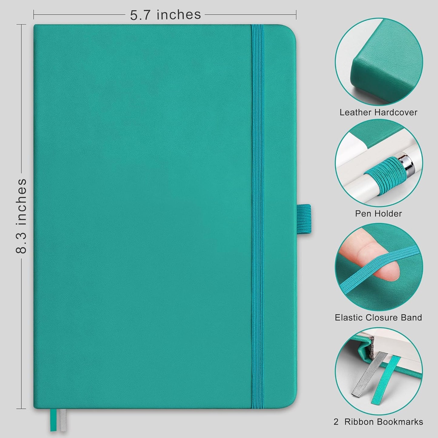 RETTACY Bullet Dotted Journal Notebook, 256 Pages, A5 Medium Size (5.7'' × 8.3''), Leather Hardcover, 120 GSM Thick Paper, for Bullet Journaling, Planning, Tracking (Cyan)