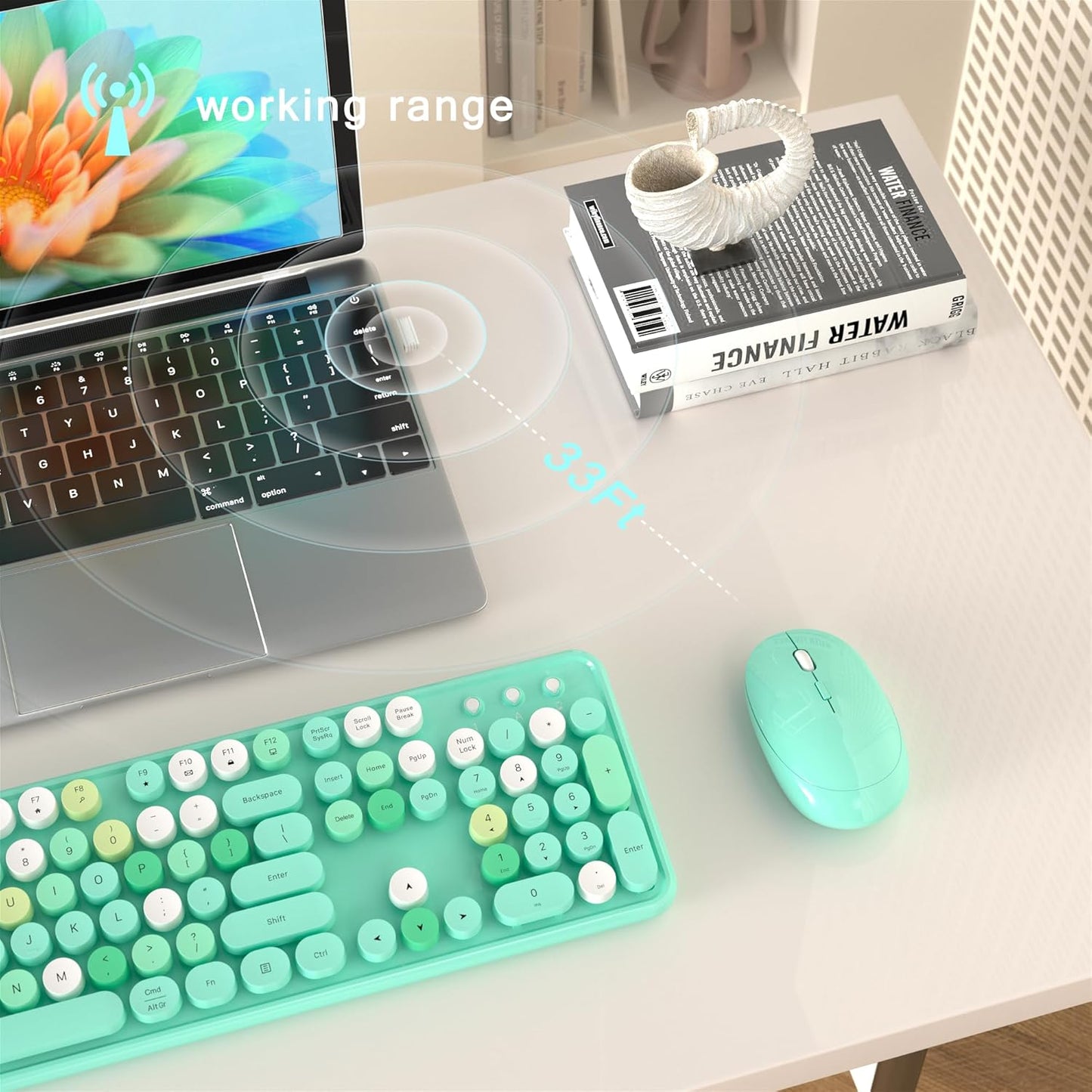 Colorful Wireless Computer Keyboard and Mouse Combo with Round Typewriter Keycaps, Retro Design, Power Switch, Ergonomic Design, 2.4GHz Wireless for Windows, Mac, PC(Green-Colorful)