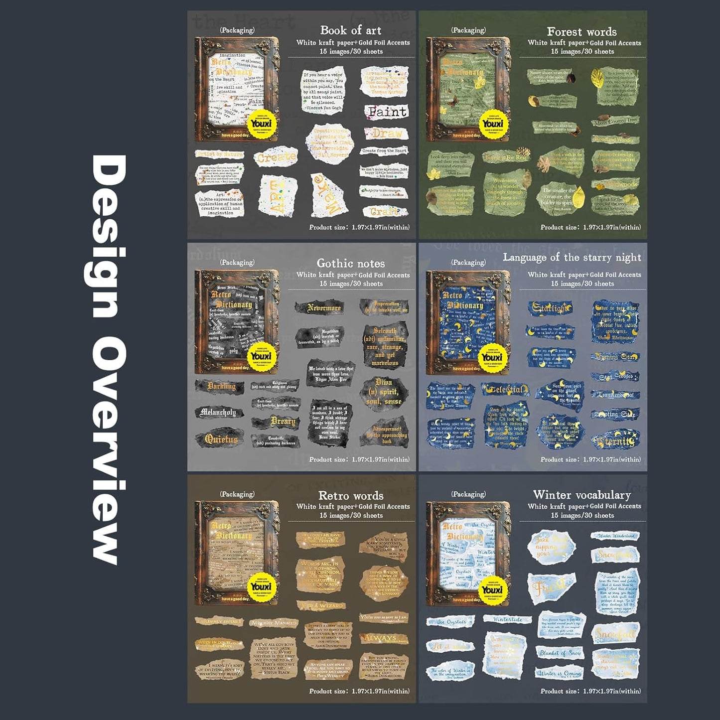 180Pcs Retro Dictionary Stickers with Gold Foil Accents, Vintage Word Stickers for Scrapbooking, Journaling, Crafts, DIY Ephemera Supplies