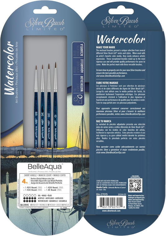 Silver Brush Limited BA-2701S BelleAqua Perfect Detail Watercolor Brush Set, 4pc Professional Premium Soft Synthetic Red Sable Round Paint Brush Set, Size 5/0, 3/0, 2/0, and 0 Round Artist Brushes