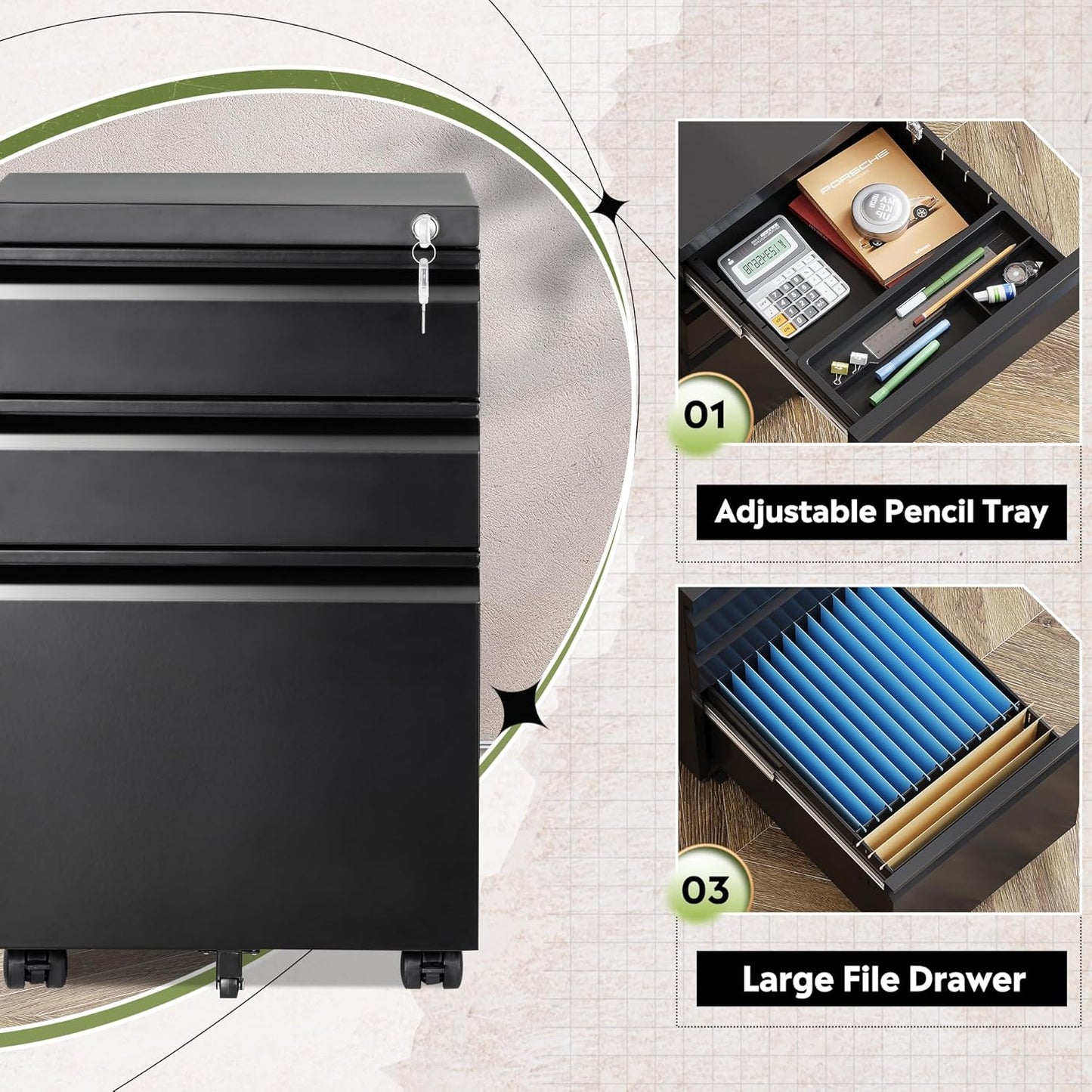 DEVAISE 3 Drawer Mobile File Cabinet Under Desk Office, Fully Assembled Except Casters, Letter/Legal Size, Black