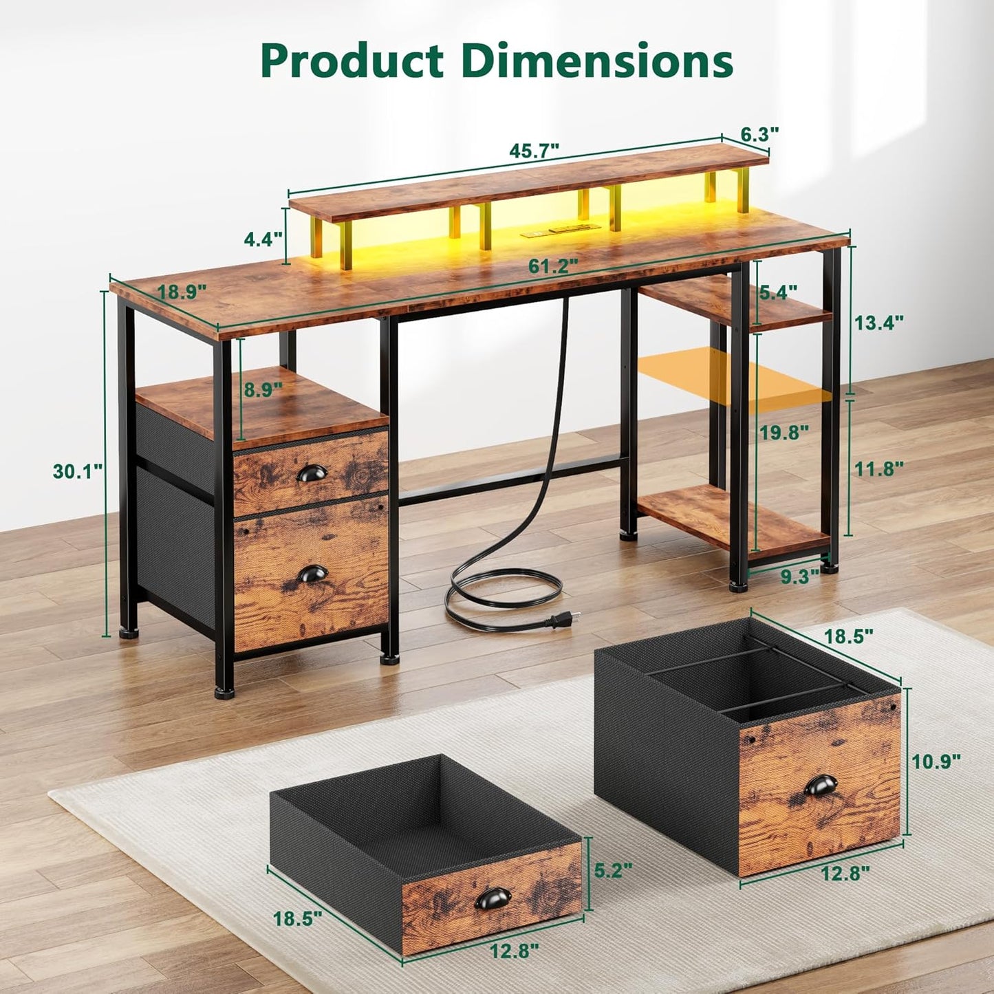 Furologee 61" Computer Desk with Power Outlet and LED Lights, Desk with Fabric File Cabinet Drawer, Large Reversible Table with Shelves and Monitor Stand, Writing Study Table for Home Office