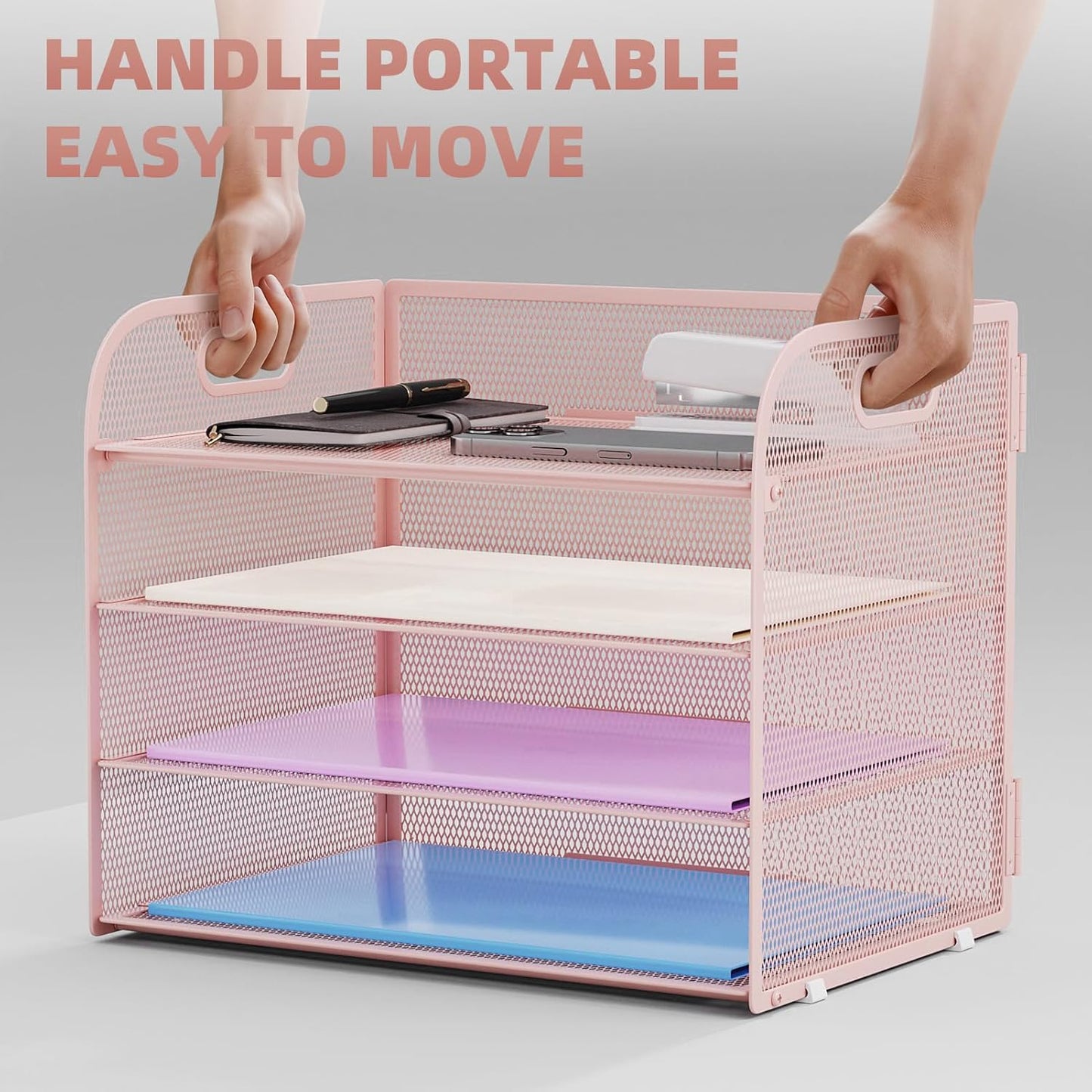 Marbrasse 4 Tier Paper Organizer Letter Tray - Mesh Desk File Organizer with Handle, Paper Sorter Organizer for Letter/A4 Office File Folder Holder (Pink, 12.6" x 9.1" x 10.7")