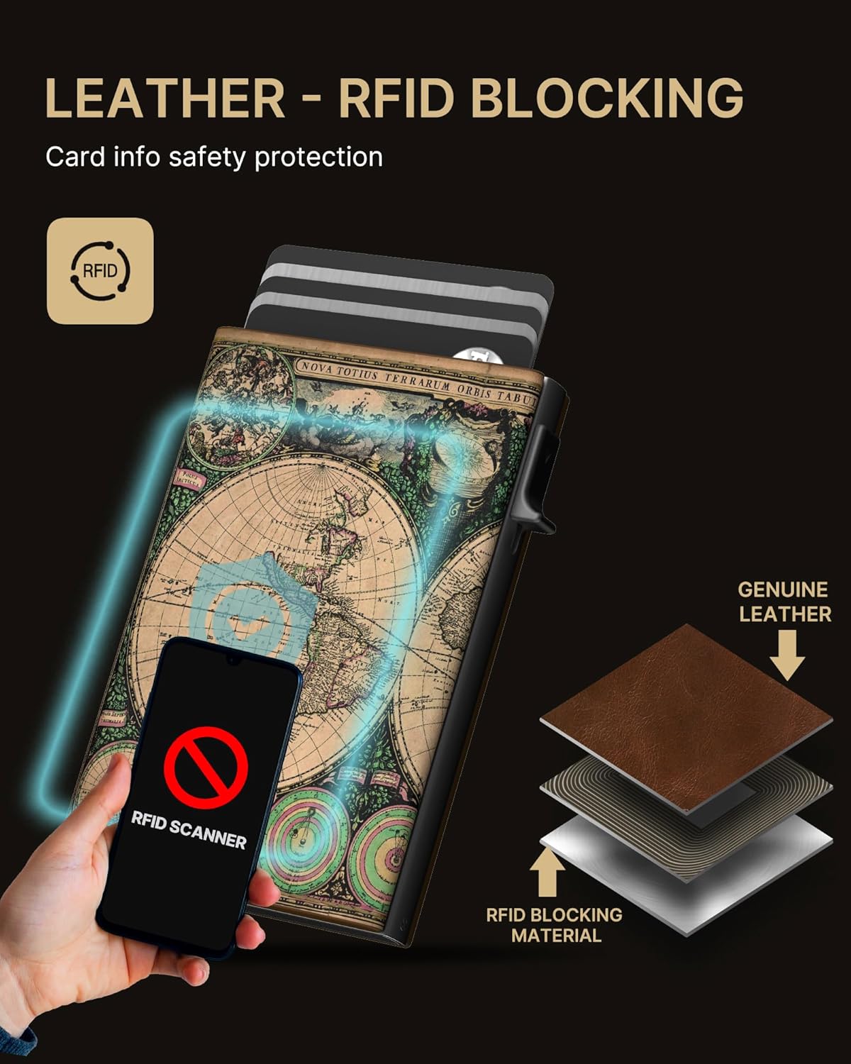 typecase Mens Wallet Card Holder: Pop Up Aluminum Case, Carbon Fiber Leather, Smart, RFID Blocking, Slim, Minimalist, Front Pocket - 9-14 Card Capacity | ID Window | Cash Slot (Map)