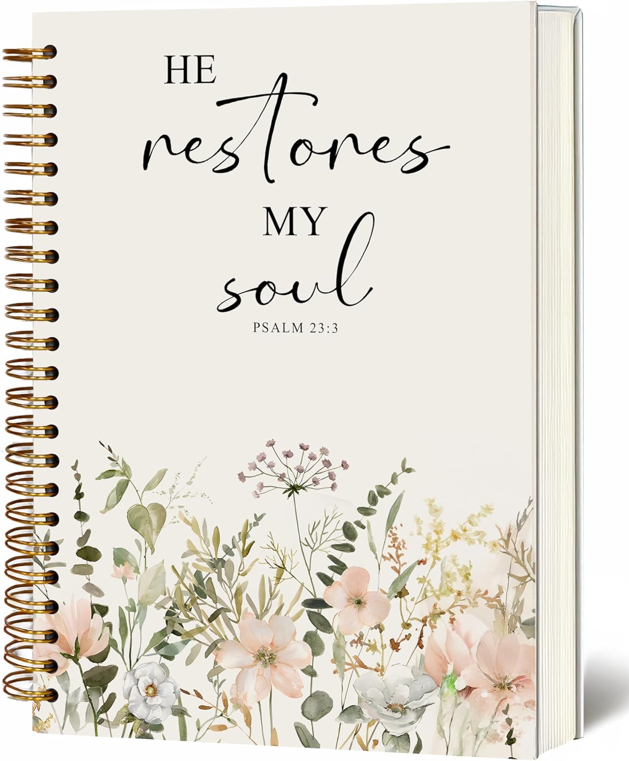 Bible Notebook, A5 Spiral Christian Journal with Floral Notebook, Bible Verse-He Restores My Soul, Inspirational Notebooks for Women, Bible Study, Gift for Birthday Christmas, Office Supplies (White)