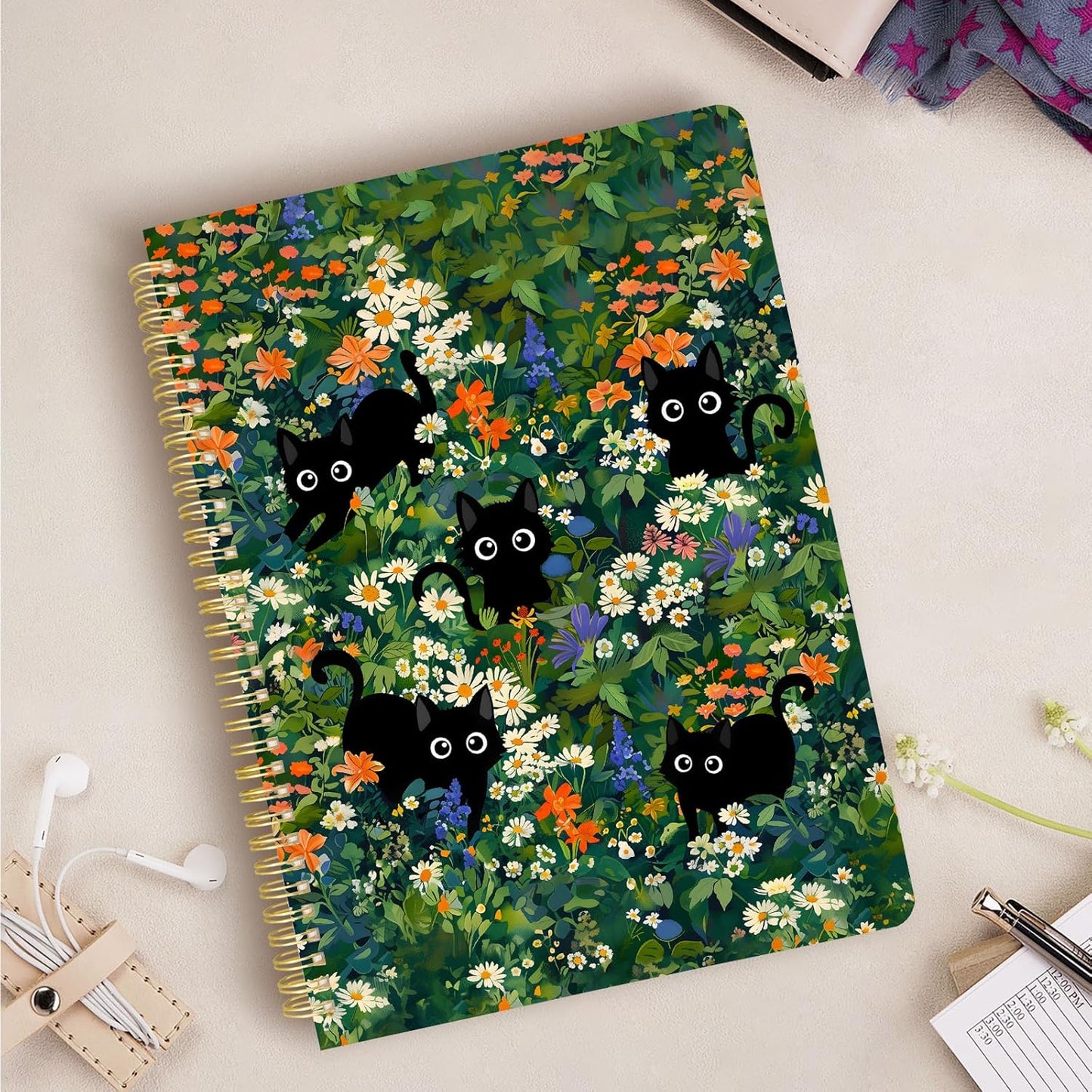 Cute Spiral Notebook journal A4 Aesthetic Pretty Design for Women Girls Kawaii with Pocket, 8.5 x 11 inch, Graph, Cat Garden