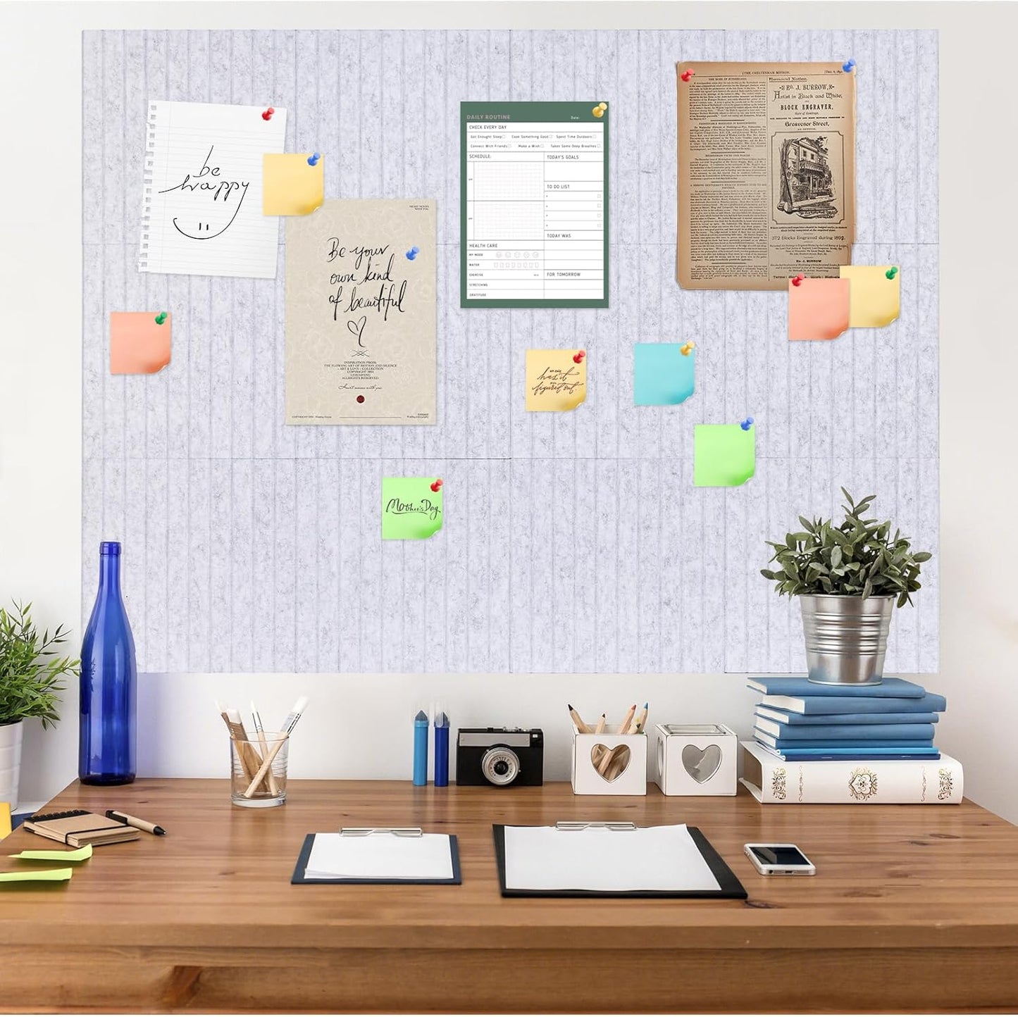 Large Cork Board Alternative, 15 Pack Felt Board with Safe Removable Adhesive Tabs Felt Wall Tiles, Large Cork Boards for Walls, Cork Board for Home Office, Pin Boards for Walls, Stripe Marble White