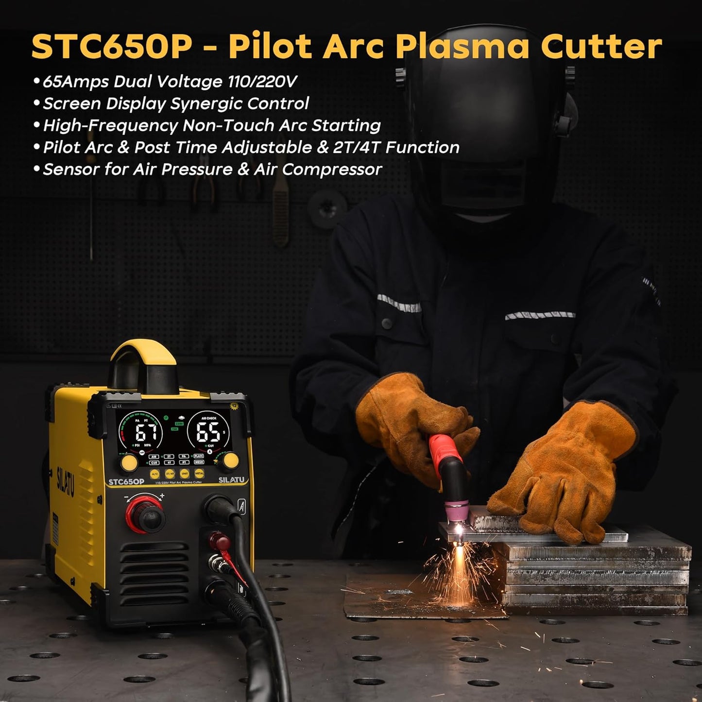 SILATU 65Amps Plasma Cutter, Large LED Display, Non-Touch Pilot Arc, Air Sensor Technology, 110/220V Dual Voltage IGBT Inverter Plasma Cutter Machine, 14mm Clean Cutting Thickness for Beginners DIY