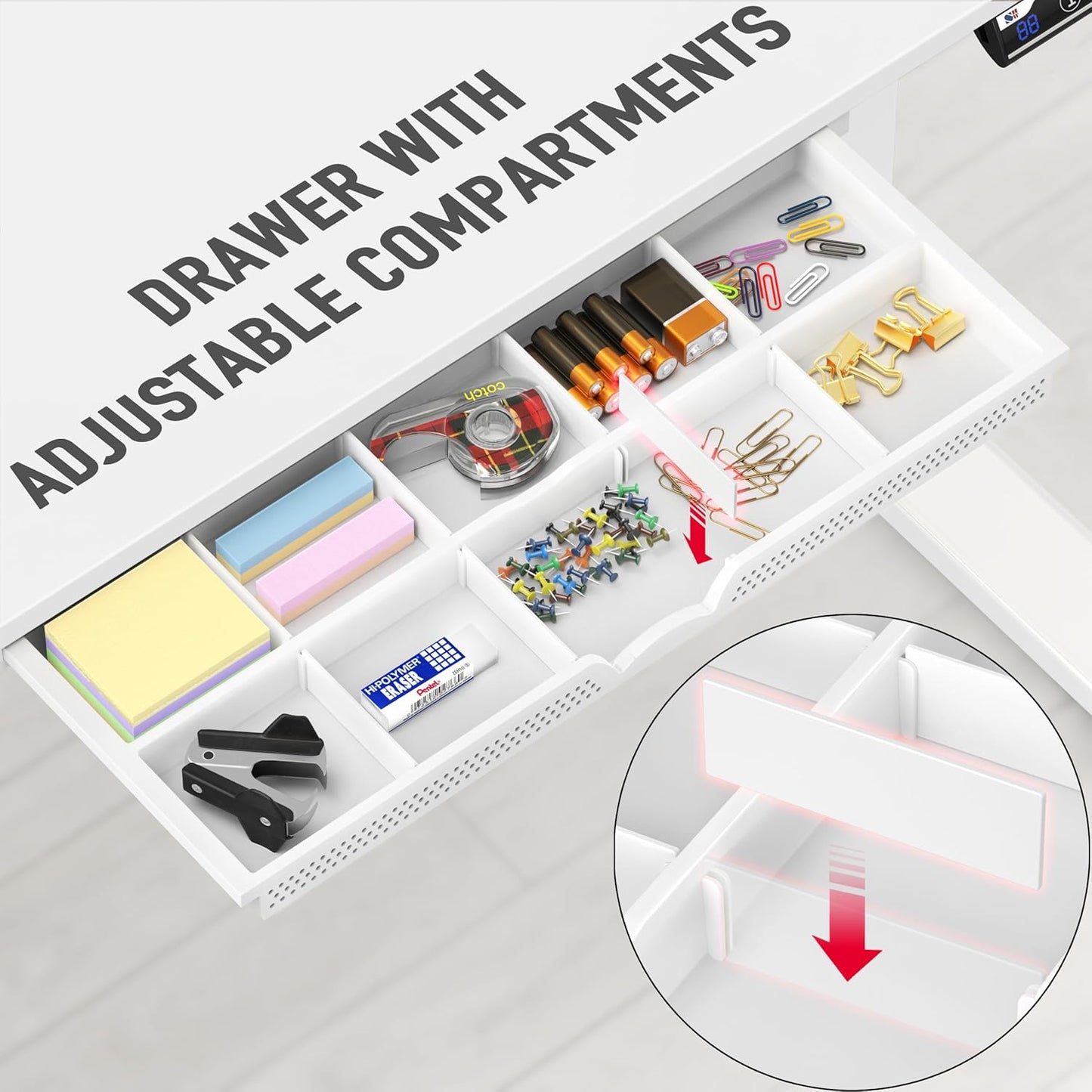 SHW 48-Inch Electric Height Adjustable Standing Desk with Drawer, Memory Preset and Cable Management Tray, White