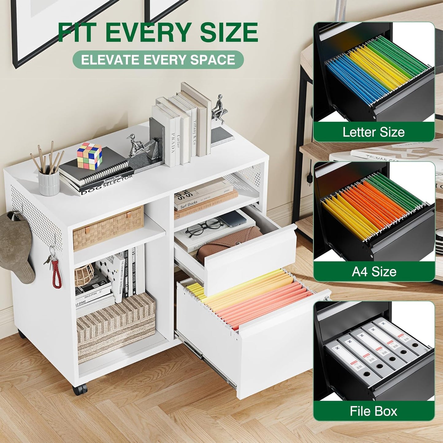 Metal File Cabinet,Lateral Filing Cabinet with Lock for Letter/A4 Size Files,Rolling Printer Stand with Open Storage Shelves for Home Office(White)