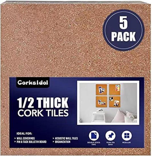 Corksidol Cork Tiles 12"x12" - 1/2" Thick -Bulletin Board-Cork Board- Ultra Strong Self Adhesive Backing for Floor/Wall/DIY-5 Pack