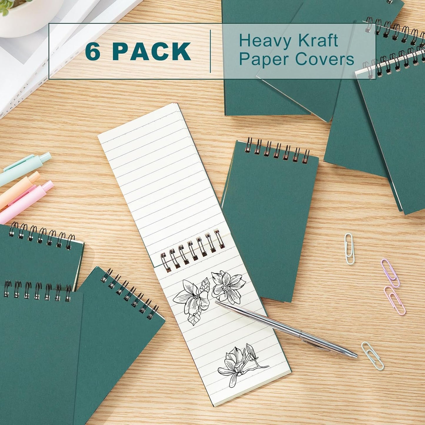 Tenceur 6 Pcs Pocket Notebook Bulk Small 3x5 Inch Spiral Notepads Mini Top Bound Notebook with Lined 120 Pages Ruled Memo Pads for Office College Nurse Essentials Back to School Gift (Green)