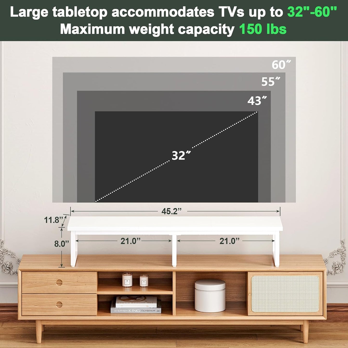 Clikuutory 45" Large TV Riser for 32-60 inch TVs, Tabletop Stand with Steel Legs, Storage & Dual - Screen Office Desk Function, Ideal for Home Office, Bedroom, Living Room, White