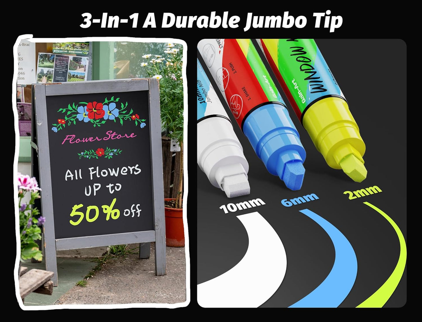 Car Window Markers for Glass Washable, 8 Jumbo Liquid Chalk Pens with 10mm Wide Tips & 3 in 1 Nib, Window Paint for Glass, Chalkboard, Menu Board, Restaurant, Bistro, Grocery Store
