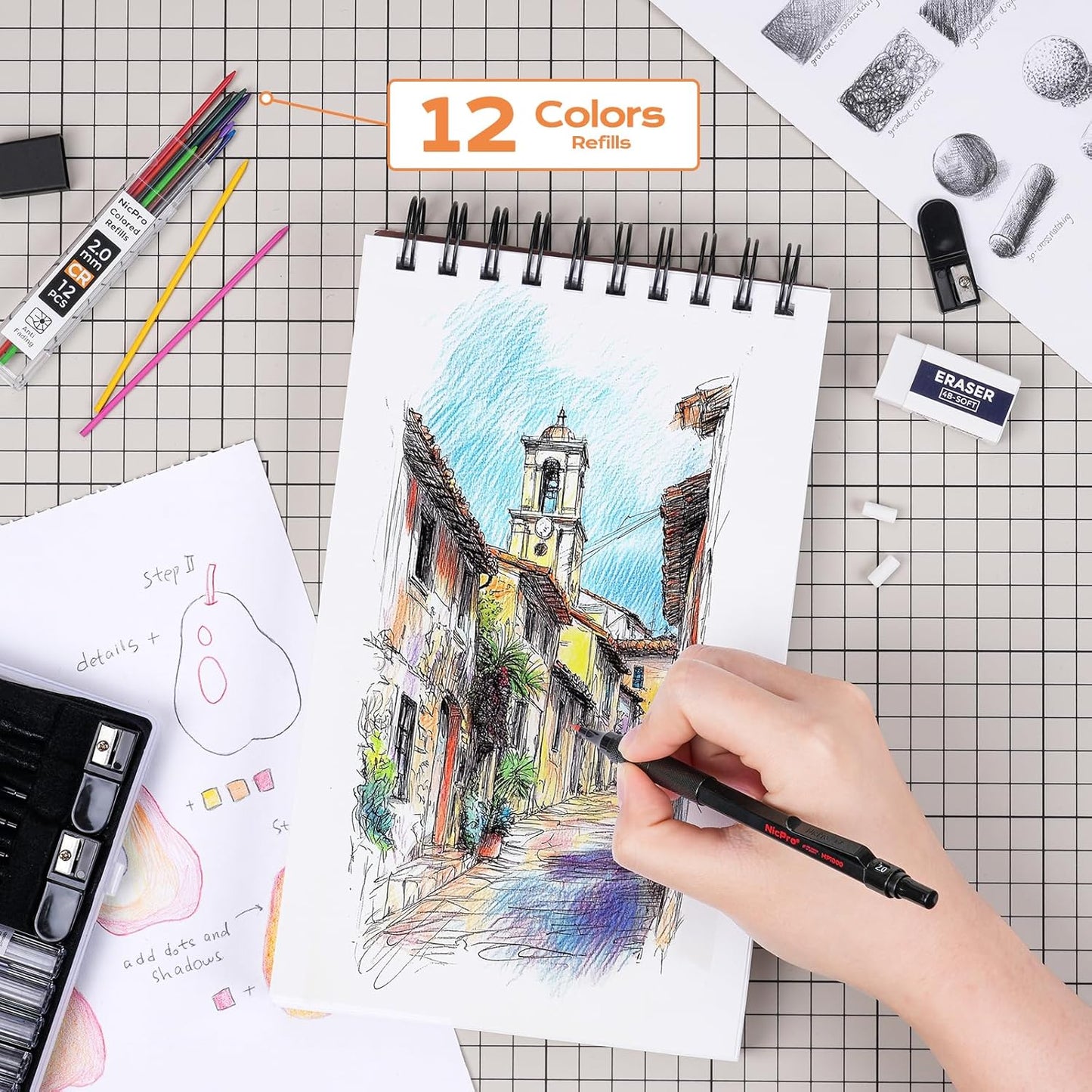 Nicpro 35PCS Black Metal Mechanical Pencils Set in Case, Art Drafting Pencil 0.5, 0.7, 0.9 mm & 3PCS 2mm Graphite Lead Holder for Drawing Sketching With 20 Tube Lead Refills(6B 4B 2B HB 2H 4H Colors)