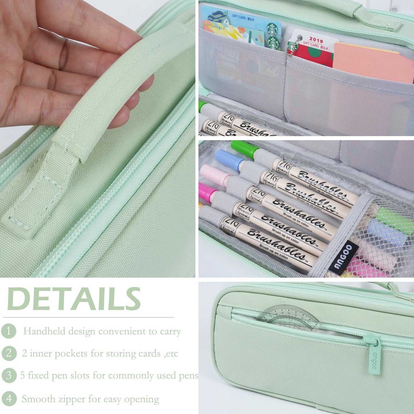 MAMUNU Pencil Case Large Capacity with 3 Compartments, Pencil Case Pouch Bag with Zipper Handle Portable Pen Stationery Organizer for Teen Girls Boys Adults College School Office Travel, Green