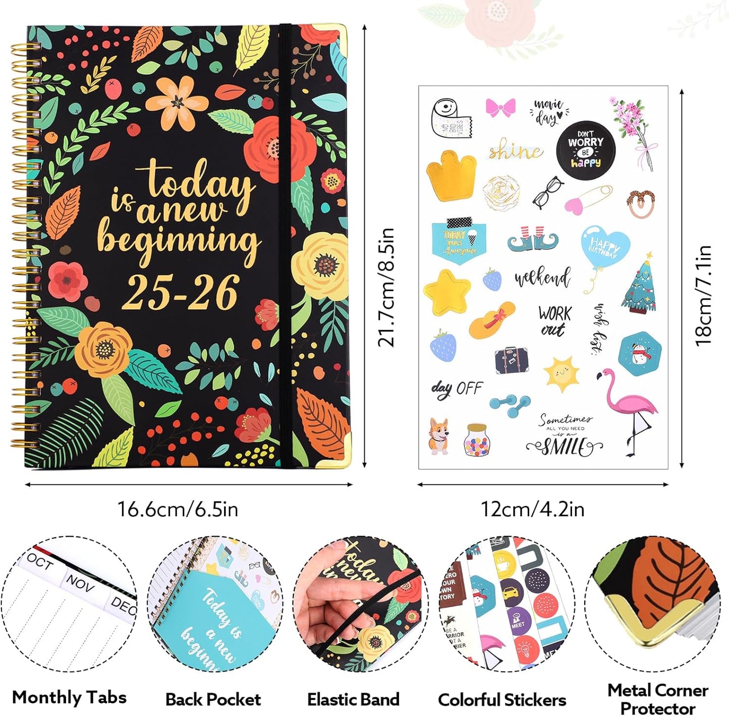 2025-2026 Academic Planner, A5 (6.5" x 8.5") Weekly and Monthly Planner, July 2025 -June 2026, Calendar Planner with Tabs, Inner Pocket for Home School Office Supplies, Black Flower