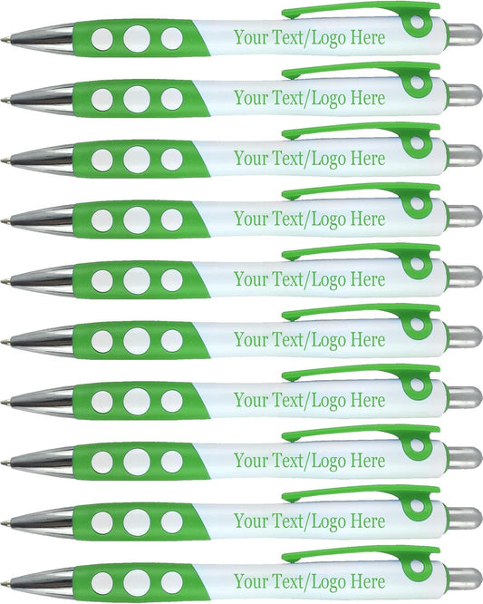 SyPen Personalized Ballpoint Pens With Custom Logo/Text-350 Pack Bulk-for Businesses, Parties, & Events, Custom Printed, White Barrel with Matching Colored Clip and Grip, Click Pens, Black Ink, Green