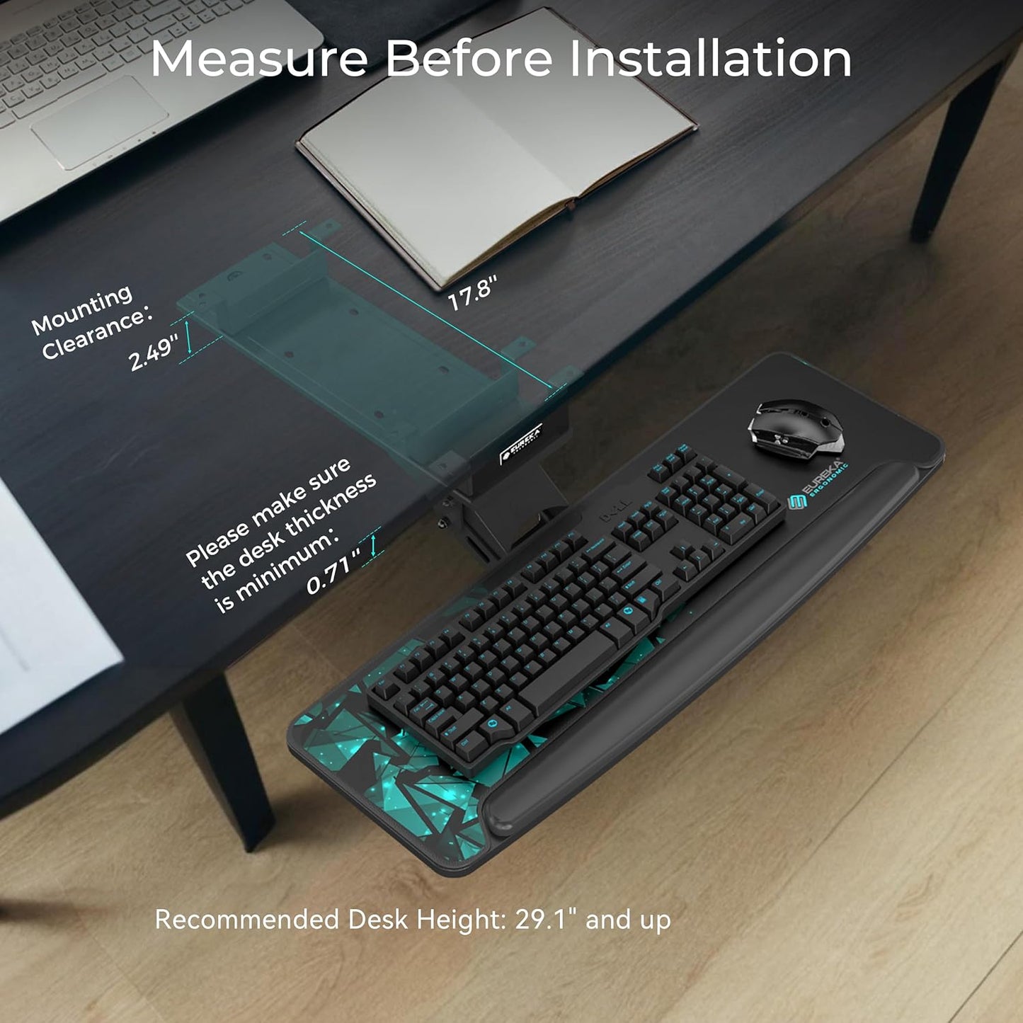 EUREKA ERGONOMIC Height Adjustable Mouse & Keyboard Tray Under Desk, 28x10'' Large Slide Out Swivel Tilt Computer Keyboard Drawer with Mouse Pad for Gaming Home Office Desk, Dual Mount