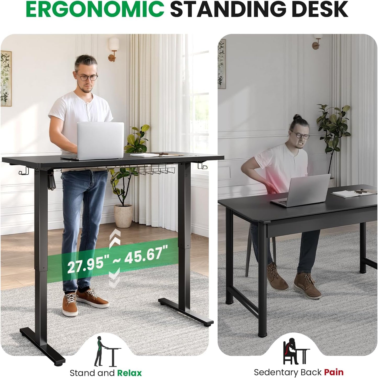 SIAGO Electric Standing Desk Adjustable - 63 x 24 Inch Sit Stand up Desk with Cable Management - 3 Memory Preset Adjustable Height Table