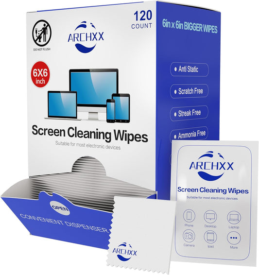 Screen Wipes for Electronics, 120 Count 6"x6" Pre-Moistened Screen Cleaner for Screens, Computer,Laptop,Tablet,Phone,Monitor,Car Screen Cleaner, Lens Wipes Individually Wrapped